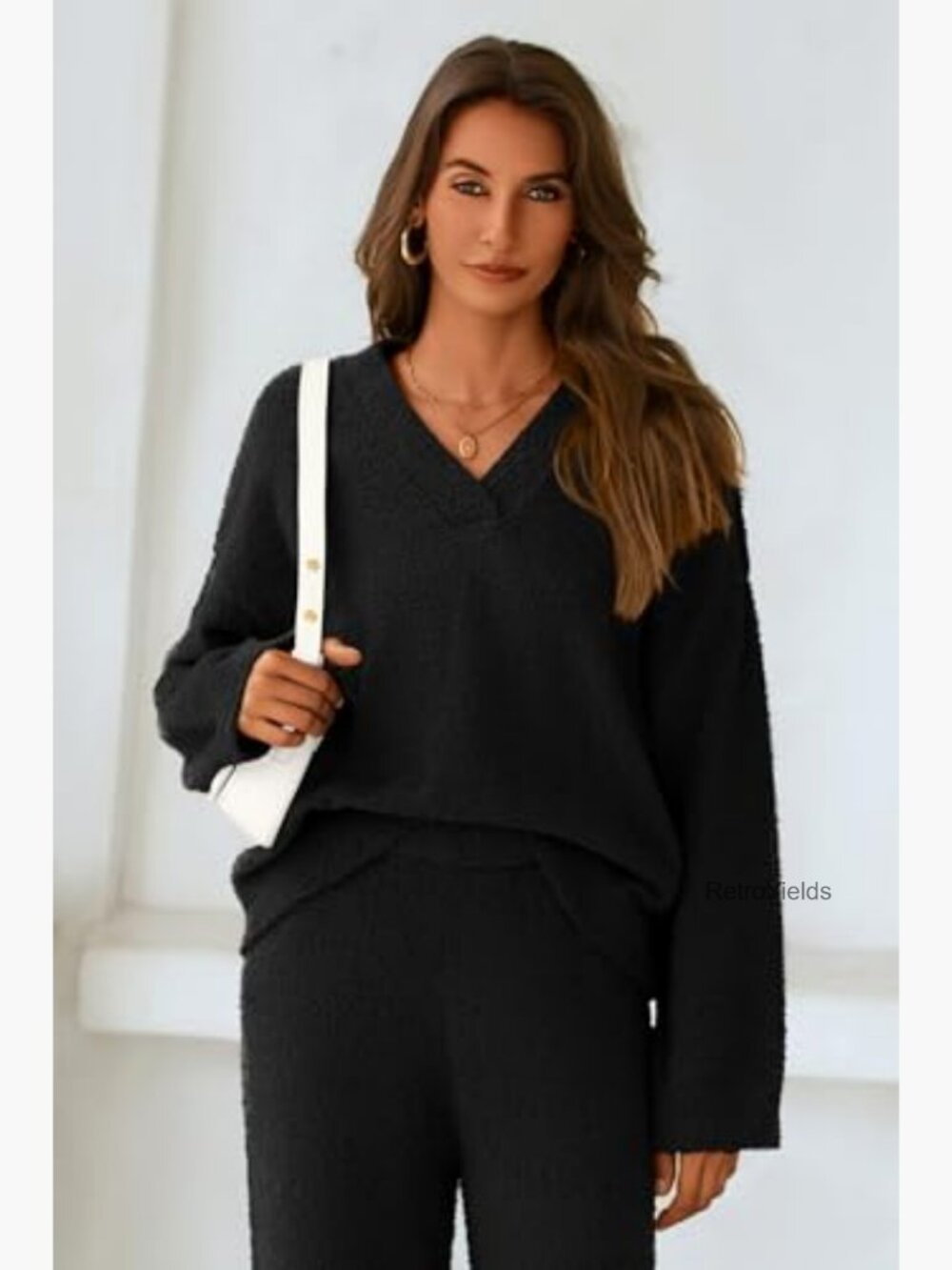 Two Piece Relaxed Knit Lounge Set Wide Leg Sweatpants Pullover V Neck - Picture 5 of 7